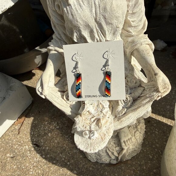 Navajo Lucille Romone Handmade Beaded Dangle Sterling Silver Earrings Multicolor - Picture 2 of 7